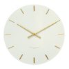 Front view of large white silent modern wall clock with gold markers