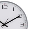 Close up image of large cool grey silent sweep wall clock with black arabic numberals and hands