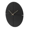 perspectic view of round black art wall clock with gold hands