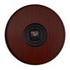 Back of large wooden wall clock with cherry wood stain back casing and compartment for single AA battery