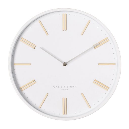 Large One Six Eight London wall clock with gold markers and silver hands